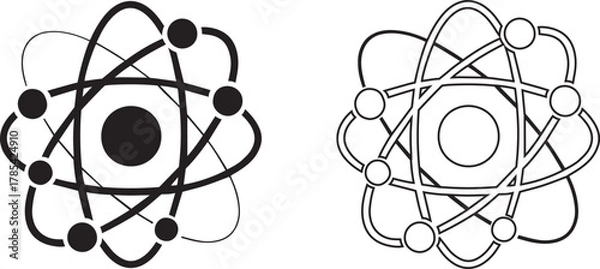 Obraz Black and white atom symbol with orbiting electrons and nucleus atomic science