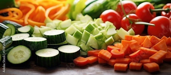 Fototapeta fresh_produce,colorful_vegetables,assorted_vegetables,sliced_vegetables,zucchini,carrots,tomatoes,cucumbers,organic_ingredients,healthy_eating,nutritious_foods,clean_eating,plant-based_diet,food_photo
