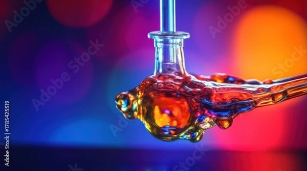 Fototapeta macro shot of a glass pipe with colorful smoke or vapor, abstract neon lighting, dark moody atmosphere, highly detailed, cinematic, 8k, masterful lighting
