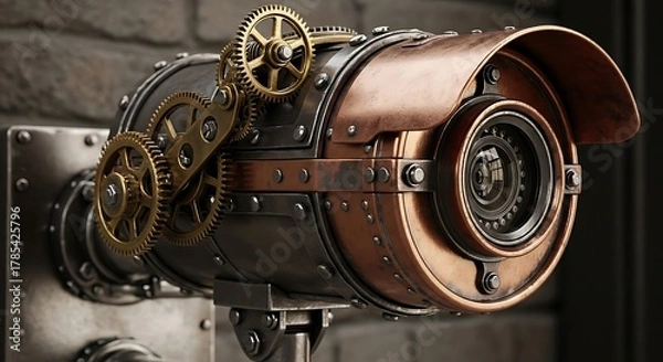Fototapeta Steampunk Camera: Weathered Metallic Security System with Visible Gears for Surveillance and Vintage Tech Collections