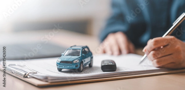 Fototapeta car, loan, purchase, insurance, finance, Close-up of a car model and key on a contract document with a person signing, representing car loan, vehicle finance, and insurance agreement.