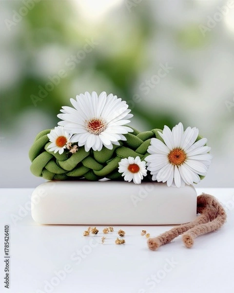 Obraz A composition of natural spa items including white daisies, green braided fabric, a bar of soap, dried botanicals, and a rope on a white surface.