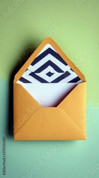 Obraz An open yellow envelope with a white paper insert and a black and white geometric pattern lining is displayed against a two-toned green background.