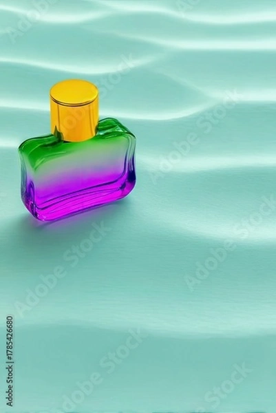 Obraz A rectangular perfume bottle with a gold cap and gradient glass from green to purple sits on a wavy teal surface.