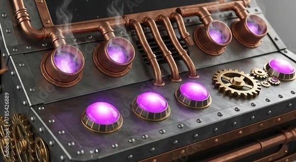 Fototapeta Steampunk Control Panel With Illuminated Tubes and Buttons Displaying Intricate Design