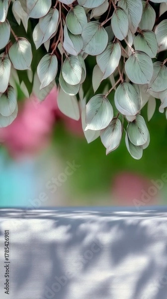 Obraz A soft focus background of pale green leaves hangs above a white surface with dappled light patterns.