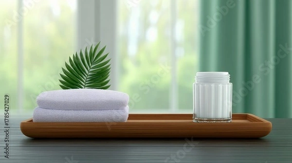 Obraz A spa tray holds two neatly folded white towels, a green palm leaf, and a ribbed white jar, set against a blurred background of soft light and green curtains.
