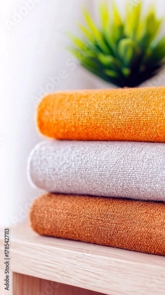 Obraz A close-up, vertical shot of three folded towels stacked on a wooden shelf, with a blurred green plant in the background.