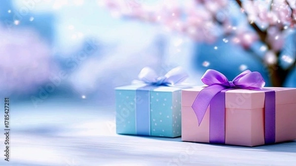 Obraz Two gift boxes, one pink with purple ribbon and one blue with white polka dots and lavender ribbon, are presented in a soft-focus setting with blooming flowers.