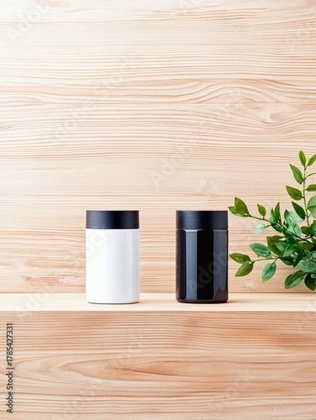 Obraz Two cylindrical jars, one white and one black, are displayed on a wooden shelf with a wood plank background and a sprig of green leaves.
