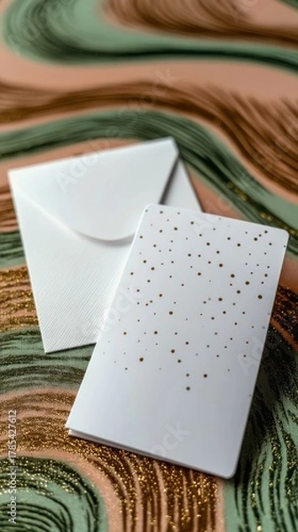 Obraz A white card with a gold polka dot pattern and a matching white envelope rest on a marbled surface with swirling colors of peach, green, and gold.