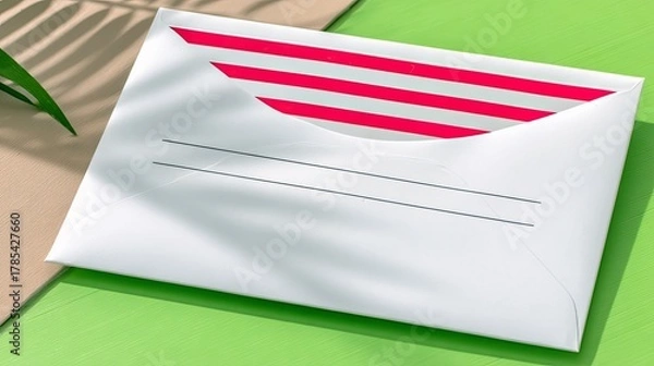 Obraz A white envelope with a red striped interior flap rests on a bright green surface, casting shadows from nearby foliage.