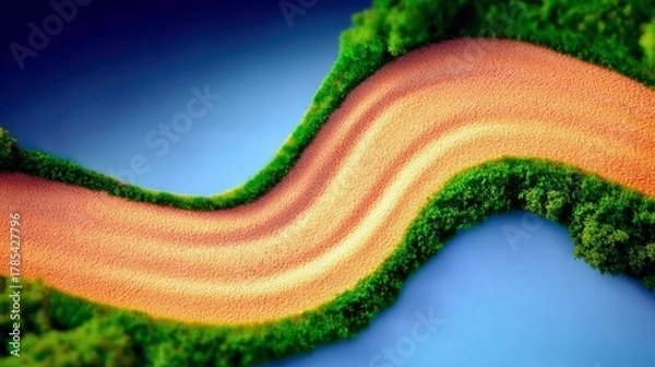 Obraz A curved dirt road with lush green grass lining its edges, set against a clear blue sky.