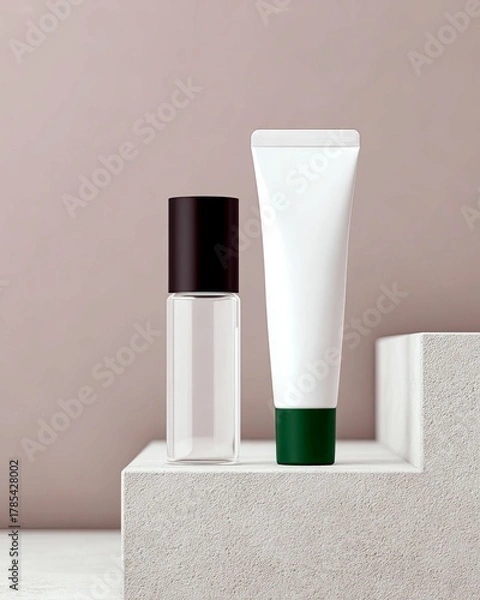Obraz A clear glass bottle with a black cap and a white tube with a green base are displayed on a textured concrete surface.