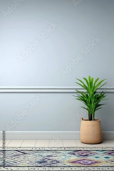Obraz A simple interior scene featuring a green potted plant in a woven basket next to a colorful geometric rug on a tiled floor.
