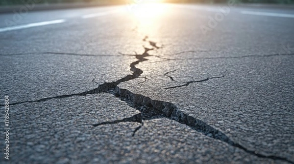 Fototapeta Cracked asphalt road surface with spiderweb pattern