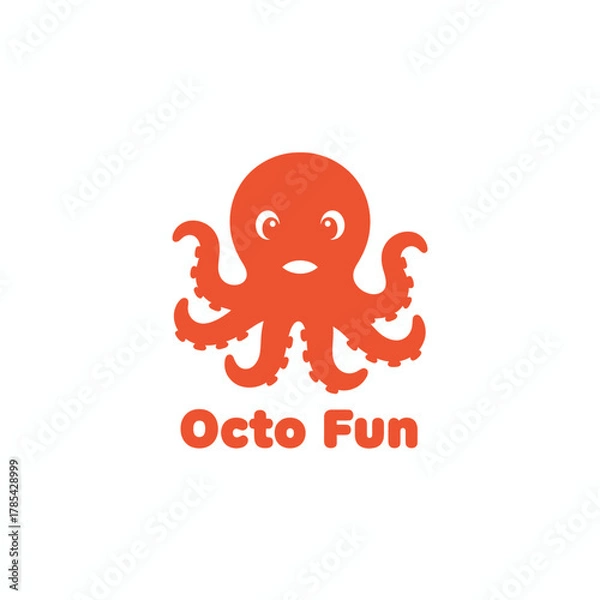 Fototapeta A smiling, cartoonish, orange octopus with multiple tentacles, and the words "Octo Fun" below it