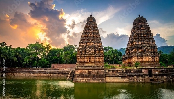 Fototapeta Ancient structures reflected in calm water with a colorful sunset