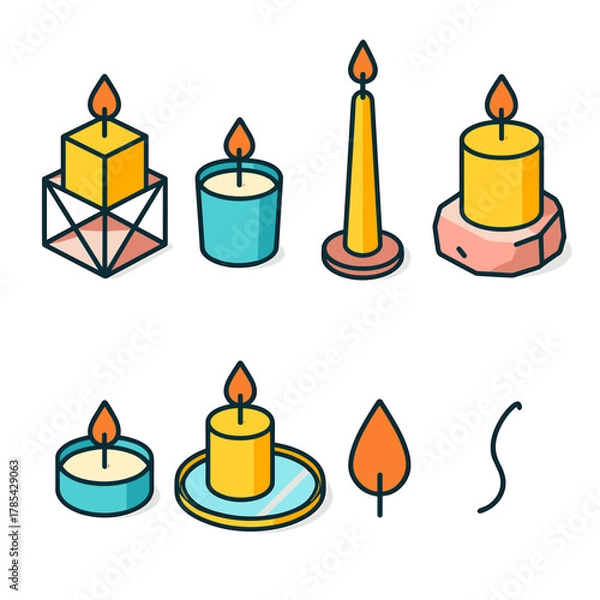 Fototapeta Modern Candle Icons. Modern Candle Design modern flat icon set: geometric holder, small votive, tall taper, stone base, tealight, mirror tray, candle flame, wick.
