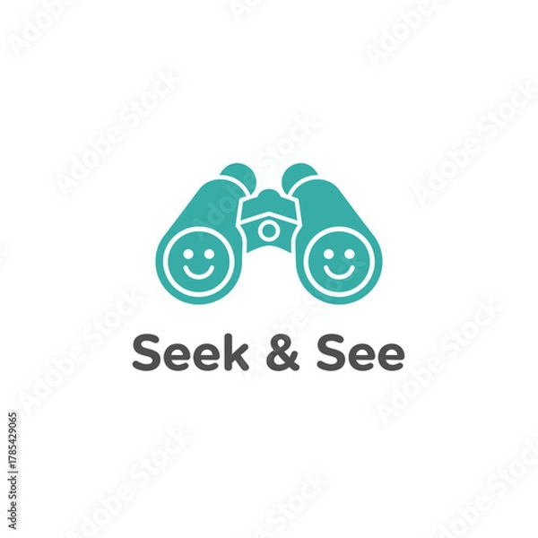 Fototapeta Turquoise binoculars illustration with smiling faces above "Seek & See" text on white background