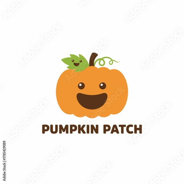 Fototapeta A cartoon pumpkin with a smiling face and a green leaf is above "PUMPKIN PATCH" text