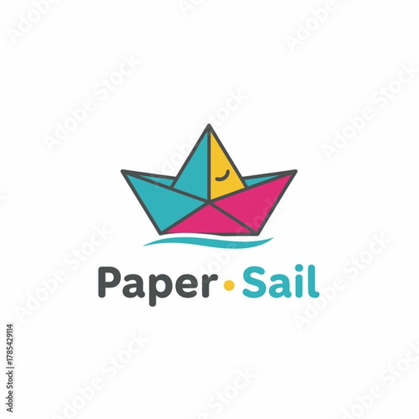 Fototapeta Colorful origami boat with a smiling face and blue water waves. Text below two words joined with a dot