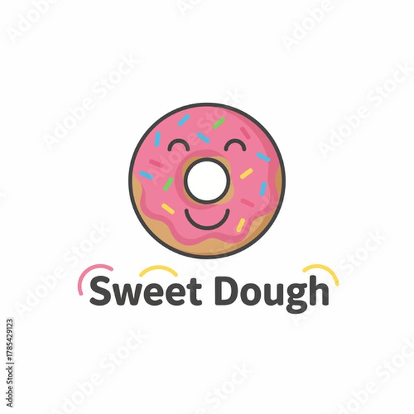 Fototapeta A smiling doughnut with pink frosting and sprinkles, a brown base, and a white background with text