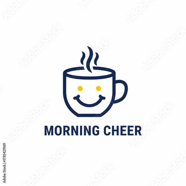 Fototapeta A smiling mug with steam rising from it, gold eyes, and dark navy outline, text "MORNING CHEER" below