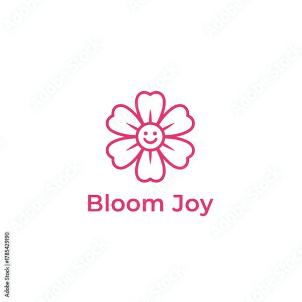 Fototapeta A smiling flower logo, in a pink hue, with the words "Bloom Joy" below it