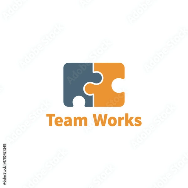 Fototapeta A logo featuring two interconnected puzzle pieces, one blue and one orange, and accompanying text