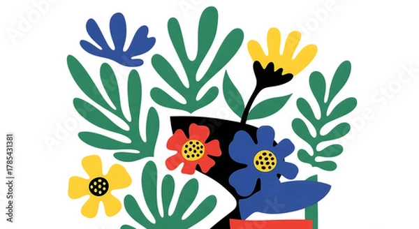 Fototapeta Abstract vibrant floral cut out art with colorful leaf shapes