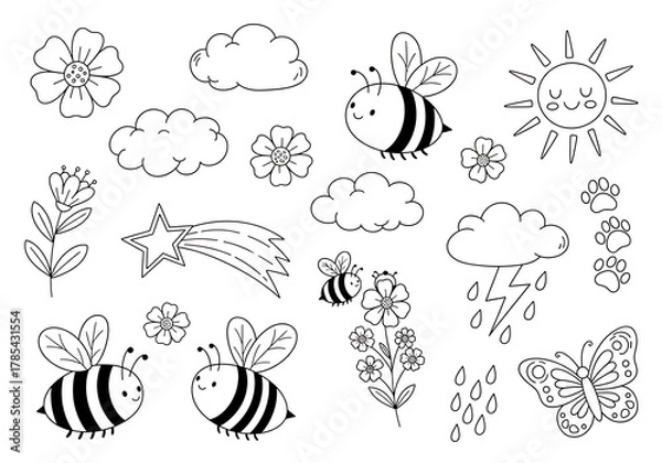 Fototapeta Cute hand drawn nature elements collection, isolated icon set