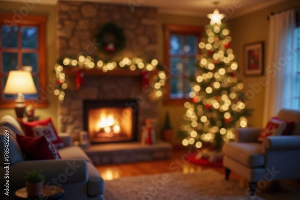 Fototapeta Defocused Background of Cozy living room with a glowing fireplace and festive Christmas tree decorated for a warm holiday atmosphere. Blurred Background. 3d rendering.