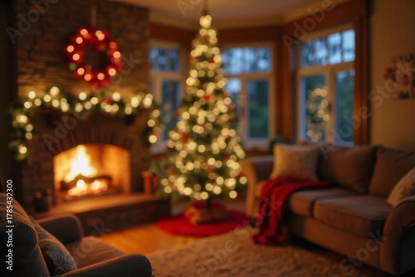 Fototapeta Defocused Background of Cozy living room with a glowing fireplace and festive Christmas tree decorated for a warm holiday atmosphere. Blurred Background. 3d rendering.
