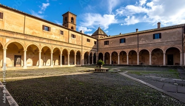 Fototapeta Arched courtyard with cobbled ground, sunlight, and architectural details