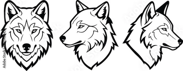 Obraz Wolf head illustration, black and white, stylized animal design, graphic tattoo art, symmetrical face, side profile, bold lines, intense eyes