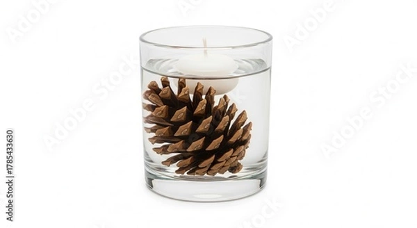 Fototapeta Candle with a miniature pine cone floating inside a glass holder on white background