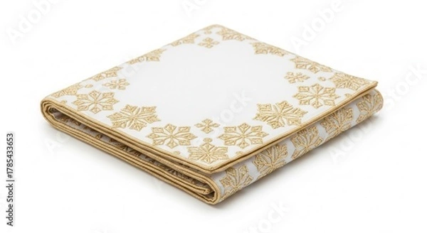 Fototapeta Eyeglass cleaner folded in the shape of a snowflake cloth with golden edges on white background