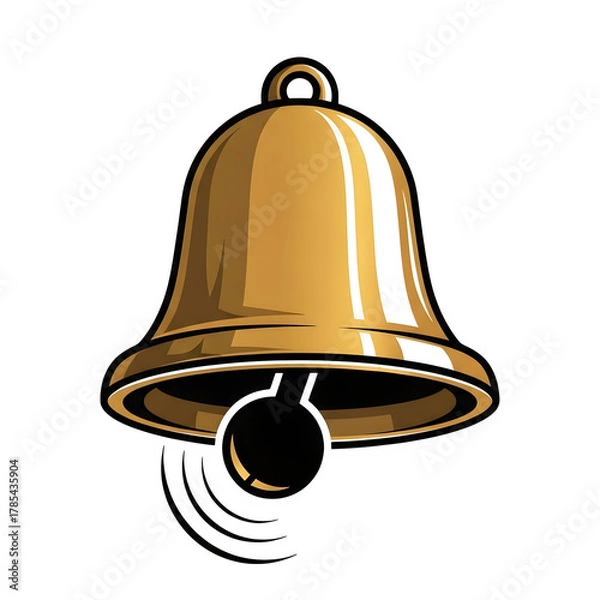 Fototapeta A gleaming golden bell with a dark clapper hangs against a stark black background