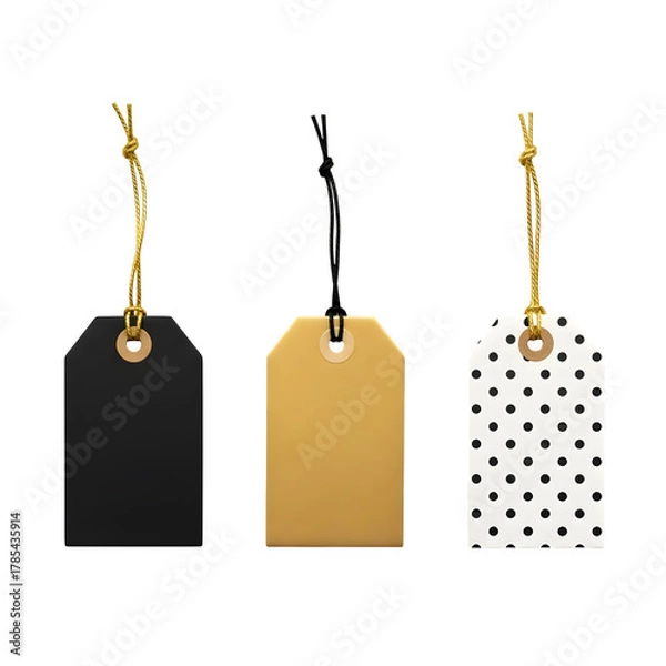 Fototapeta Three blank gift tags with string hanging against a solid black background for design and marketing