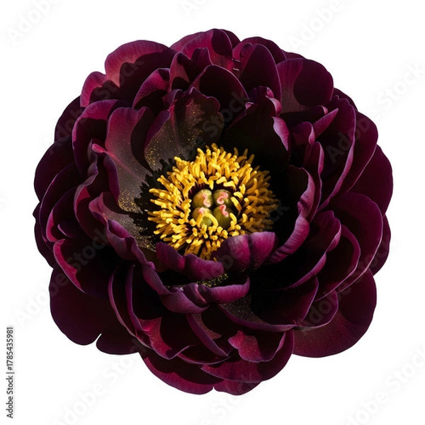 Fototapeta Luxurious deep red peony flower with a vibrant yellow center against a dark background