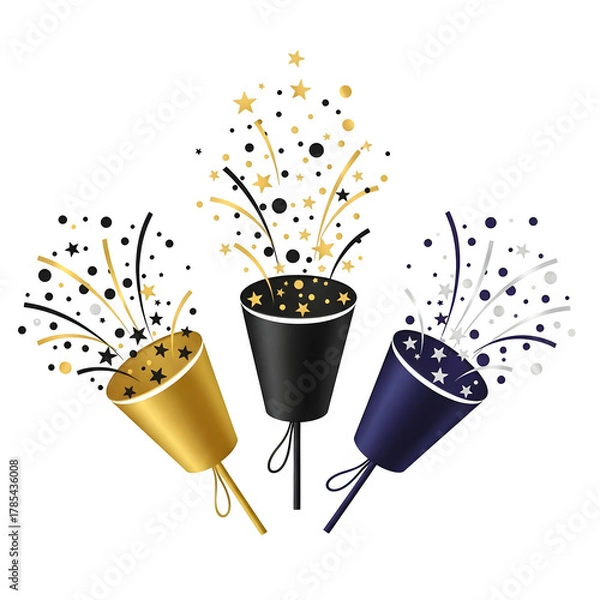 Fototapeta Three party poppers exploding with golden and silver confetti and streamers against a black background