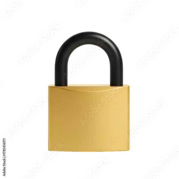 Fototapeta A classic golden padlock with a black shackle isolated on a stark black background symbolizing security and protection