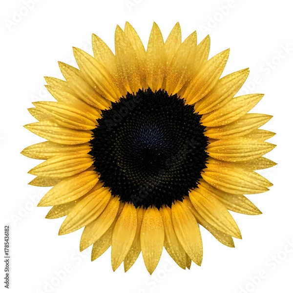 Fototapeta Vibrant yellow sunflower with a dark center isolated on a stark black background