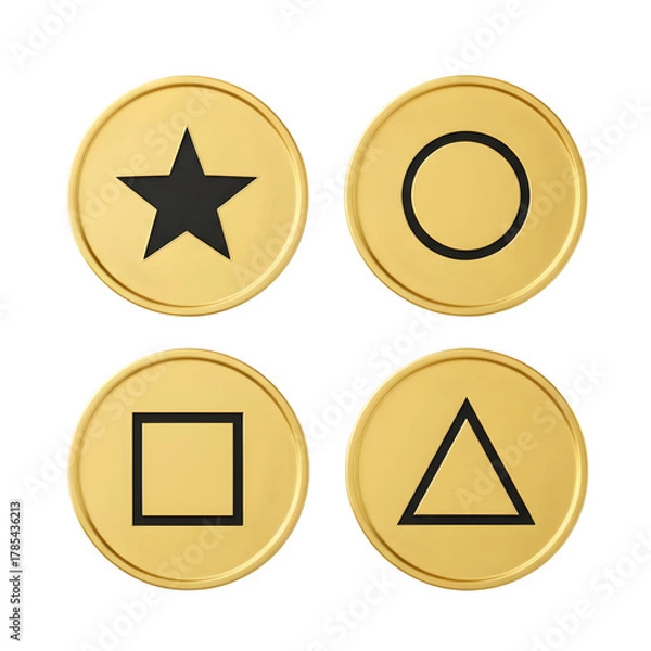 Fototapeta Four golden coins with geometric shapes including a star circle square and triangle in a dark background