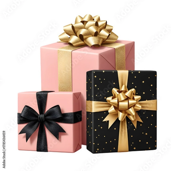Fototapeta Three festive gift boxes with ribbons and bows one pink one black with gold stars and one pink with gold ribbon arranged on a black background