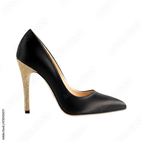 Fototapeta Elegant black stiletto high heel shoe with a textured golden heel on a black background