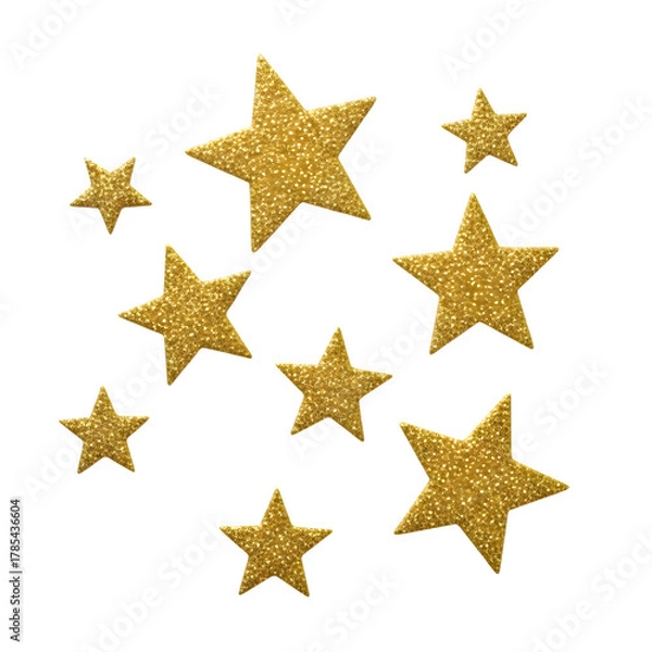 Fototapeta Scattered golden glitter stars on a dark black background abstract festive celebration design element