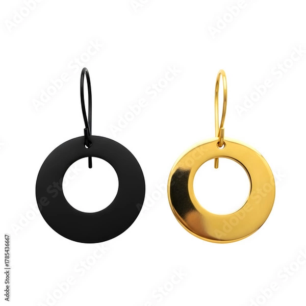 Fototapeta Two modern minimalist circular hoop earrings one matte black and one shiny gold on a black background