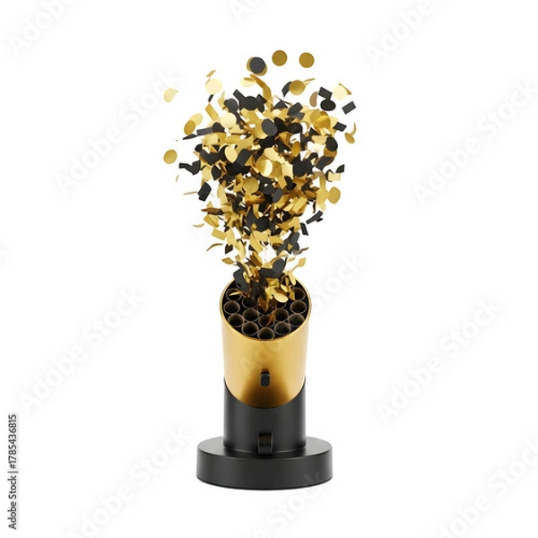 Fototapeta Golden confetti popper exploding with glitter and streamers against a black background